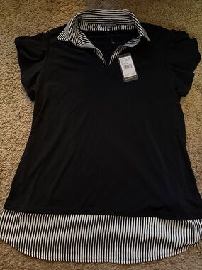 Adrianna Papell Women’s M Black Short-Sleeve Top with Striped Collar and Hem